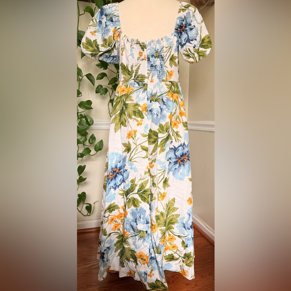 Reformation Marbella Floral Midi Linen A-Line Dress Botanist‎ Puff Sleeve Size 8 - Picture 5 of 15